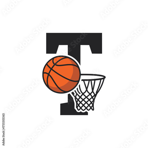 Basketball Letter T Logo with Hoop and Ball, Creative basketball logo featuring the letter T with a hoop and ball, ideal for team branding, leagues, and athletic design.


