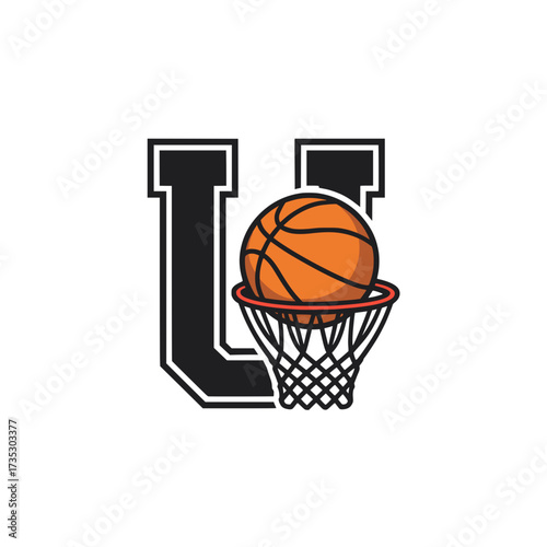 Basketball Letter U Logo with Hoop and Ball, Bold basketball logo featuring the letter U with a hoop and ball, perfect for sports branding, athletic teams, and school mascots.

