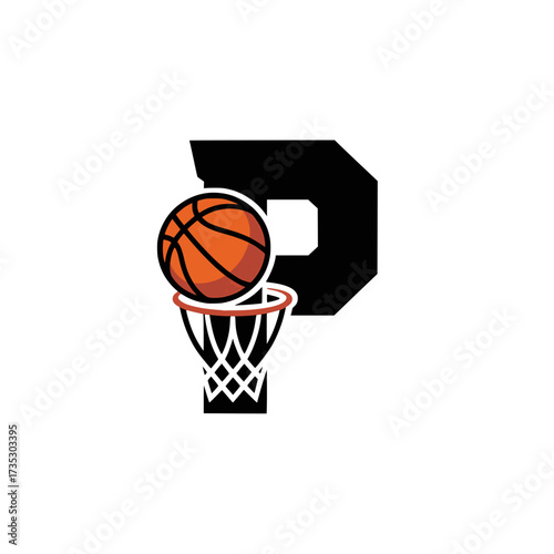 Basketball Letter P Logo with Hoop and Ball, Dynamic basketball logo featuring the letter P with a hoop and ball, ideal for sports teams, athletic clubs, and branding.

