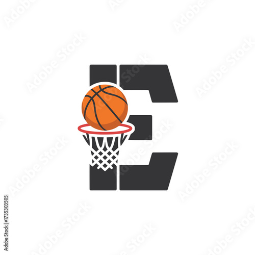 Basketball Logo Featuring Letter E and Hoop, Bold and modern basketball logo with letter E, hoop, and ball design, ideal for teams, leagues, and sports branding.

