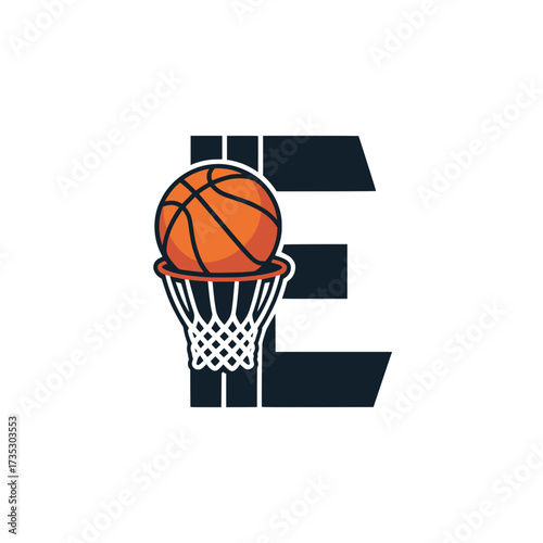 Basketball Logo Featuring Letter E and Hoop, Bold and modern basketball logo with letter E, hoop, and ball design, ideal for teams, leagues, and sports branding.

