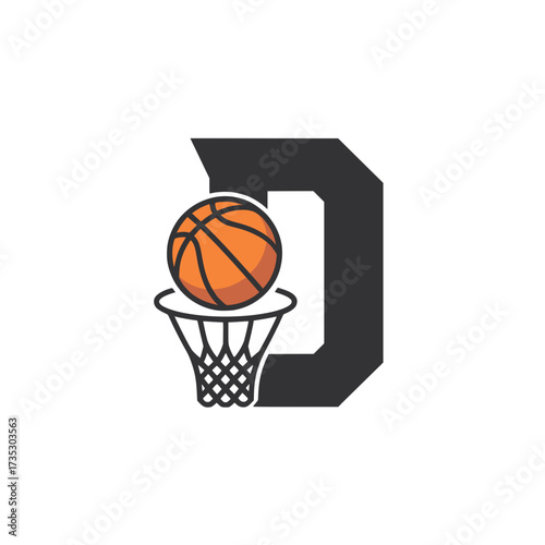 Basketball Logo with Letter D and Hoop, Bold basketball logo design featuring the letter D with a ball and hoop, perfect for sports teams, clubs, or branding.

