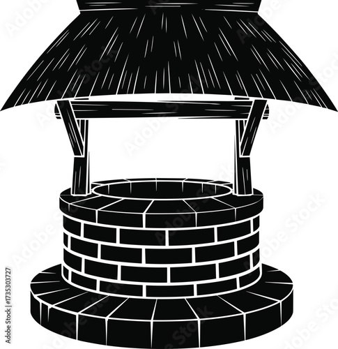 Black silhouette of a brick well with a thatched roof on white background Keywords: well, water