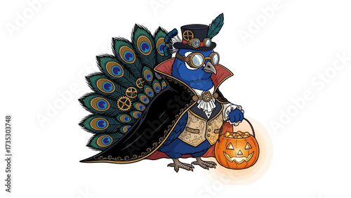 Steampunk Peacock: A fanciful illustration depicts a steampunk peacock in ornate attire, clutching a Jack-o'-Lantern pail, its vibrant plumage creating a striking visual contrast.