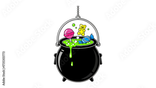 Spooky Candy Cauldron: A whimsical depiction of a black cauldron, bubbling with eerie green concoction and festive sweets. Featuring a swirling lollipop, vibrant candy, and cheerful gummy bear.