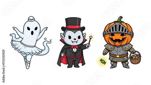 Festive Trio: Whimsical illustrations showcase a whimsical trio of Halloween characters - a ghostly ballerina, a charming vampire with a magical wand, and a pumpkin-headed knight bearing treats.