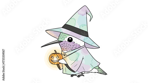 Halloween Hummingbird's Whimsical Magic: A charming hummingbird is dressed up, casting a spell, with a playful grin, and holding a carved pumpkin lantern