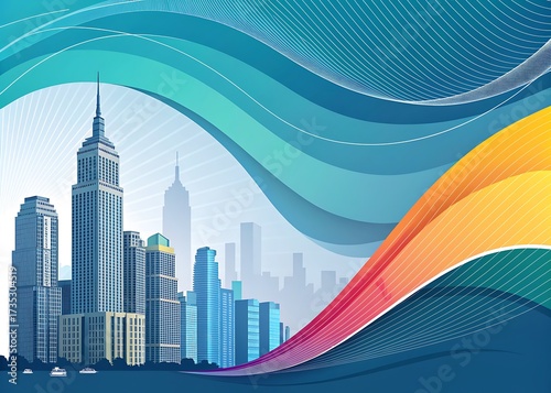 Abstract cityscape with wavy colorful design