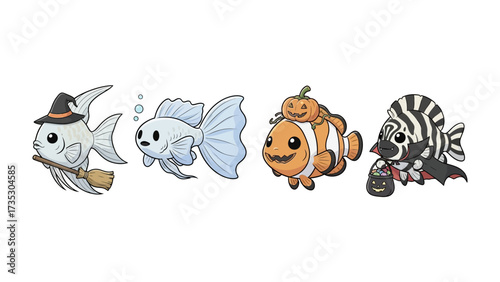 Aquatic Halloween Characters: A charming collection of whimsical, cartoonish fishes, each adorned in festive Halloween costumes, swimming in a playful and spooky aquatic adventure.