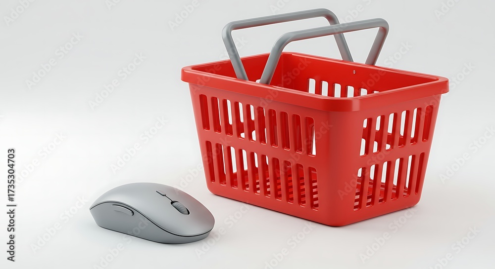 Fototapeta premium Red shopping basket and computer mouse isolated on white background, concept of online shopping, ecommerce, and digital marketing