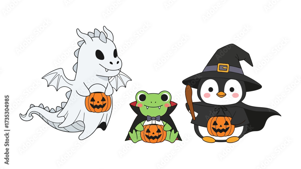 Obraz premium Halloween Trio: Adorable cartoon characters dressed in festive costumes ready to celebrate the Halloween spirit, ideal for children's content and holiday-themed projects.
