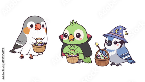 Whimsical Bird Trio with baskets of eggs: A charming illustration featuring three adorable birds, each carrying a basket overflowing with colorful eggs.
