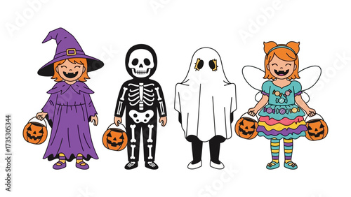 Halloween Celebration: A group of children, dressed in a variety of spooky costumes, prepare to celebrate Halloween. Each child joyfully carries a jack-o'-lantern bucket, ready to collect treats!