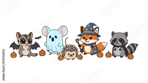 Cute Halloween Animal Parade: A charming group of whimsical animal characters, including a Sugar Glider, Koala, Hedgehog, Fox, and Raccoon, are playfully dressed up in Halloween costumes.
