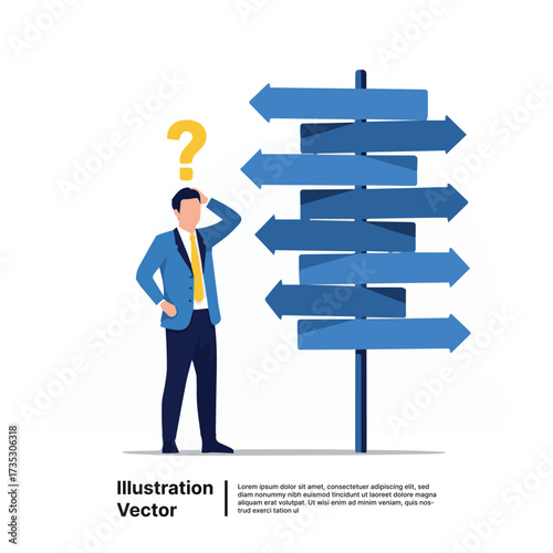 Businessman facing a critical decision point, contemplating various professional paths at a confusing multi-directional signpost, symbolizing strategic choice