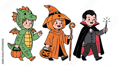 Halloween Costume Parade: Three costumed children, each embodying a distinct character - a playful dragon, a charming witch.