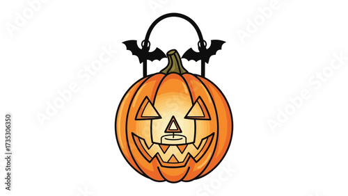 Carved Pumpkin Lantern Decoration: A vibrant illustration showcases a carved pumpkin lantern, complete with a candle, emitting a warm glow, and is adorned with bats, embodying the spirit of Halloween.