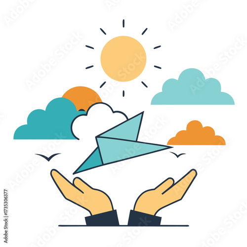 Vector art of hands holding a paper airplane with sun and clouds in the background, symbolizing freedom and hope logo design