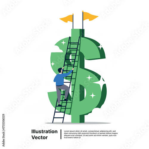Businessman ascending ladder on dollar sign, symbolizing the challenging path to financial achievement and wealth growth