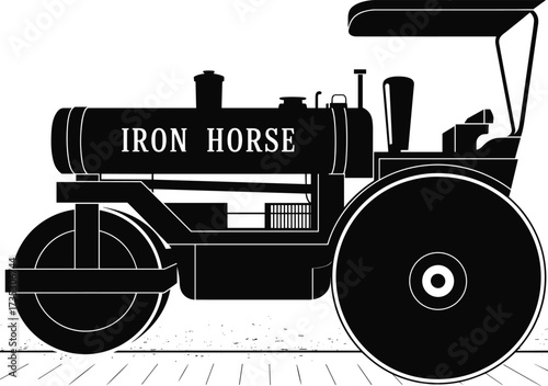 Black silhouette of a vintage steamroller labeled Iron Horse on white background Keywords