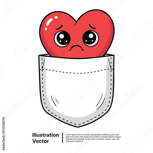 Lonely little red heart cartoon character with sad eyes peeking from an empty pocket, feeling down and isolated