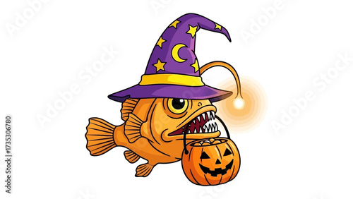 Spooky Fish: A whimsical fish, donned in a witch's hat and holding a jack-o'-lantern, perfect for the spooky season.