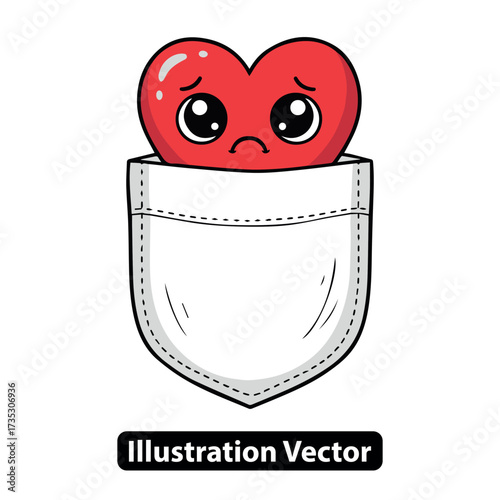 Melancholy cartoon heart character in a shirt pocket, conveying feelings of sorrow and emotional vulnerability