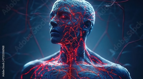 Futuristic human figure with glowing red neural or vascular network visible beneath dark skin, illuminated eyes, and an intense focused expression