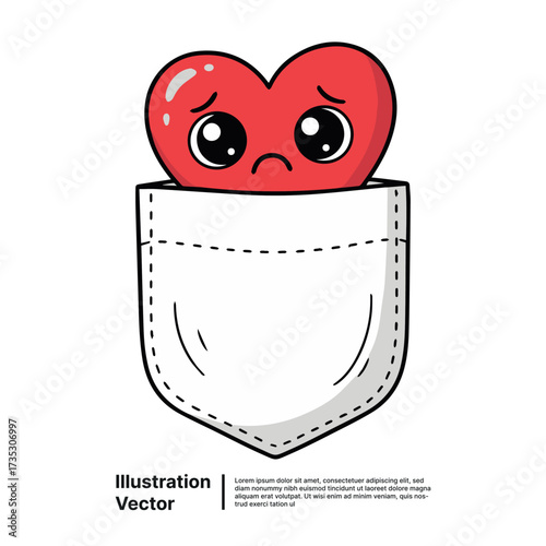 Cute crying red heart character peeking from an empty pocket, depicting tender sadness and emotional vulnerability