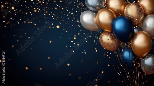 Cluster of metallic balloons in gold, silver, and dark blue colors with golden confetti floating on dark blue background celebrating a festive occasion