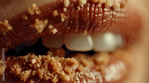 Close-Up of Lips with Sweet Treat Crumbs and Perfect White Teeth