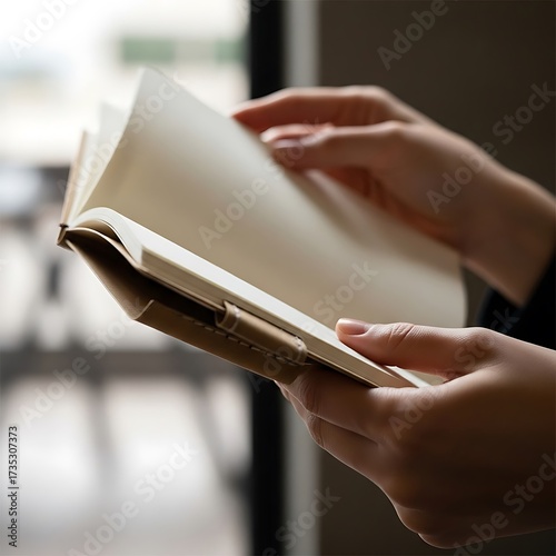 Woman engrossed in reading, gently flipping pages of a journal in a serene atmosphere book in hands