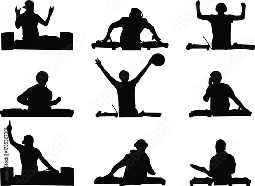 Black silhouette icons of kayakers in various dynamic poses with paddles and gestures, representing water sports and outdoor activity