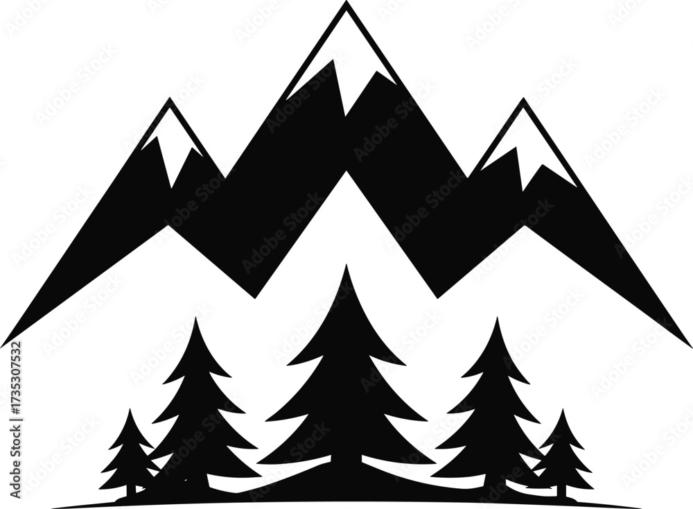 Obraz premium Black Silhouette of Mountains and Pine Trees peaks snow