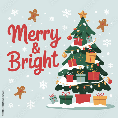 Festive merry and bright christmas greeting card featuring a decorated tree gingerbread men and snowflakes