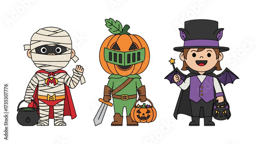 Halloween Costume Trio: Three adorable characters, a mummy, a pumpkin-headed knight, and a vampire, joyfully celebrate the spirit of Halloween with vibrant costumes and cheerful expressions.