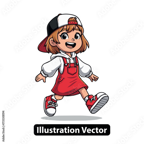 Playful little girl in a red dress and baseball cap happily walking, a vibrant vector illustration for children's designs