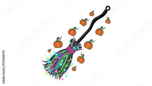 Whimsical Broom with Pumpkins: A festive illustration of a whimsical broom adorned with vibrant lights and floating pumpkins, evoking a sense of Halloween magic and fun.