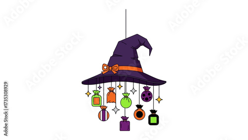 Magical Witch Hat and Potions: A whimsical witch hat adorned with enchanting potion bottles, stars, and ornaments, inviting viewers into a world of spells and enchantment.