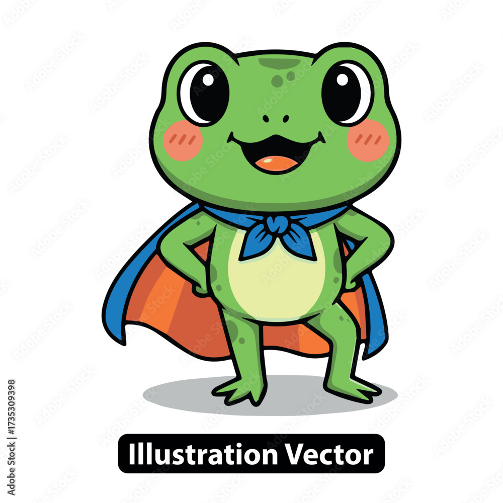 Fototapeta premium Adorable Green Frog Hero Cartoon Mascot Leaps into Action with a Confident Superhero Cape Pose