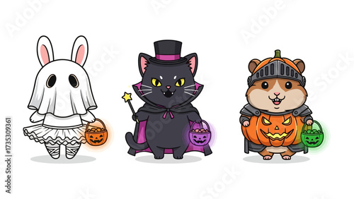 Whimsical Halloween Trio: A charming illustration showcases a trio of adorable characters dressed up in festive costumes, embodying the fun and spirit of Halloween.