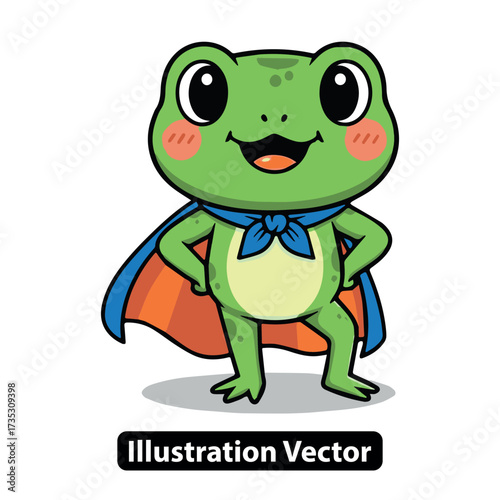 Adorable Green Frog Hero Cartoon Mascot Leaps into Action with a Confident Superhero Cape Pose