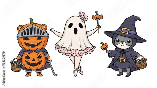 Halloween Friends: Charming illustrations showcase three festive friends dressed in adorable costumes, radiating the spirit of Halloween with cuteness and festive cheer.