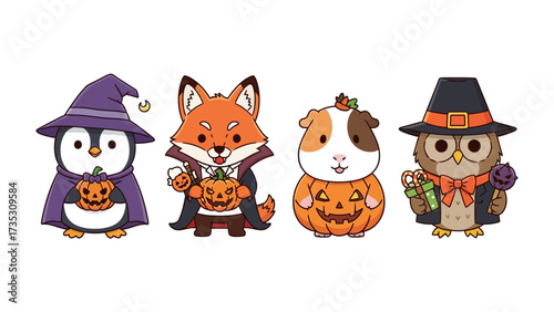 Halloween Animals: Adorable collection of festive cartoon animals in costumes, set against a crisp background, evoking the spooky charm of the season and embracing the spirit of Halloween.