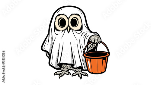 Boo-tiful Owl: A charming cartoon owl, playfully disguised in a classic sheet, holds a trick-or-treat bucket. The image captures the spooky fun. 
