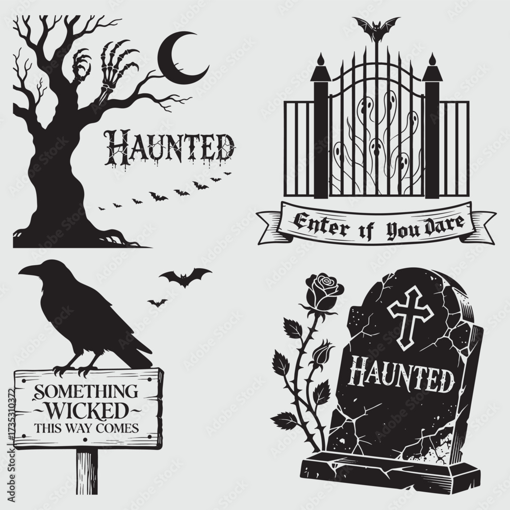 Obraz premium Four Halloween themed and graphic designs with haunted elements tree spooky