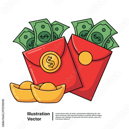 Traditional Chinese Red Envelopes with Money and Gold Ingots Symbolizing Lunar New Year Prosperity