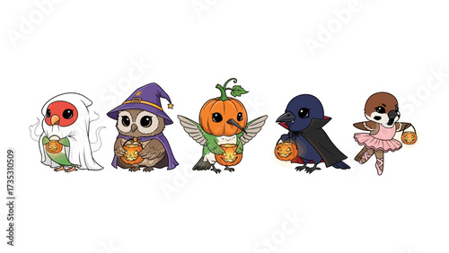 Halloween Creatures: A vibrant ensemble of cute characters, each adorned in festive costumes, stands ready to celebrate a spooky holiday, radiating charm and Halloween spirit.