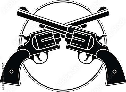 Two crossed revolvers within a circle on a white background guns pistols