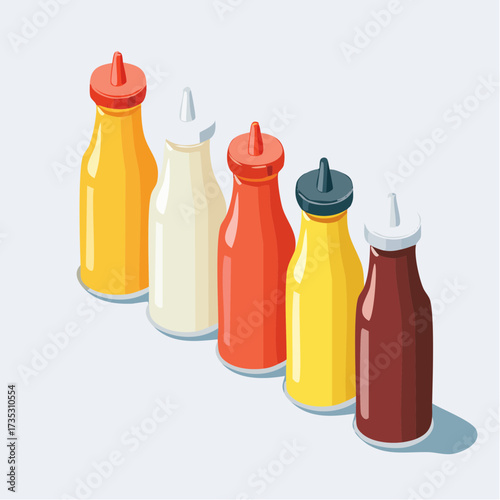 Five condiment bottles, filled with mustard, mayonnaise, ketchup, yellow sauce, and barbecue sauce, are arranged in a row on a light blue surface.